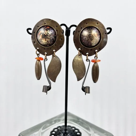 NWOT - Artisan BOHO Brass Tone Textured Metal Dangle Post Earrings - Picture 2 of 6